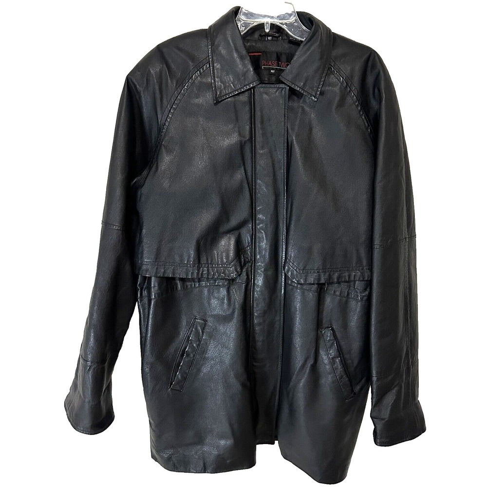 Phase Two Leather Jacket Womens XL Tall Black Full Zip Long Sleeve Lined Vintage